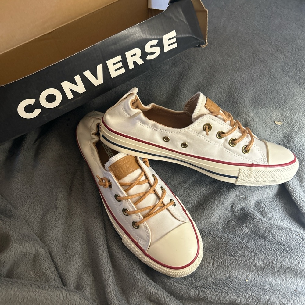 Converse Low Top Canvas Sneakers in White with Tan Accents
